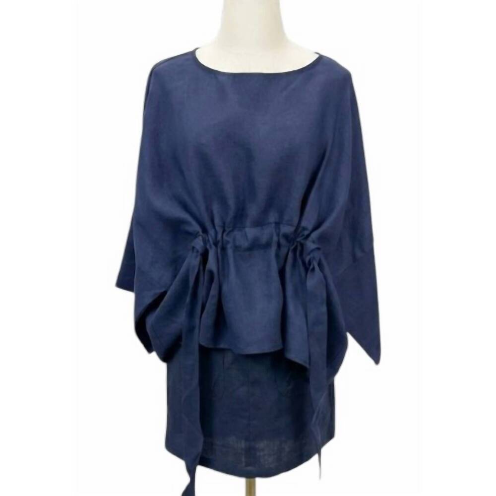 NEW P.CILL women's luxe linen tie-front blouse in navy